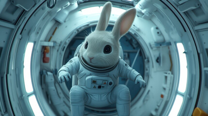 Rabbit in a Space Suit Explores an Advanced Spacecraft in a Unique Outer Space Environment