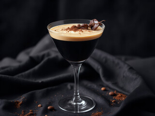 professional advertisement food photography: A martini glass filled with coffee and coffee beans on a black cloth.