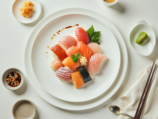 professional advertisement food photography: A white plate topped with sushi next to a bowl of sauce.