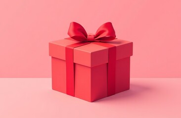 Obraz premium Red Gift Box with Ribbon Standing on Pink Background. AI-generated