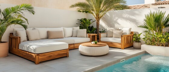 Couch and table set up next to a swimming pool in a modern outdoor patio area