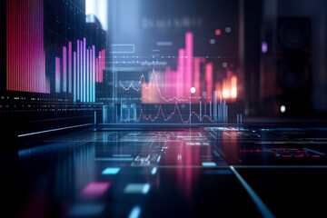Obraz premium A futuristic digital landscape featuring colorful data visualizations and graphs, representing advanced technology and analytics in a sleek environment.