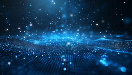 Blue digital wave particles glowing, dark background, abstract tech design