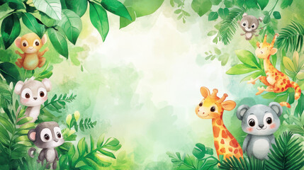 Naklejka premium Cute Forest Animals Gather in a Vibrant Jungle Setting With Lush Green Leaves and Playful Flora