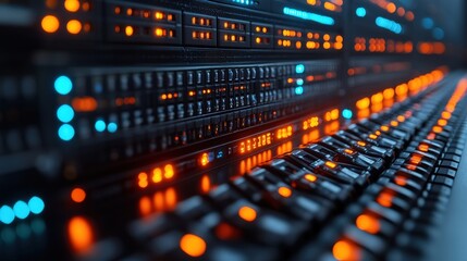 Close-up of illuminated server rack showcasing technology and data processing environment