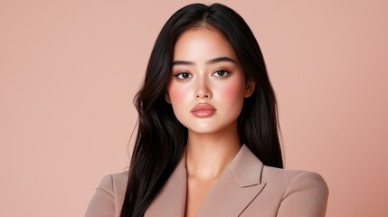 Portrait of a Young Woman with Long Black Hair and Soft Makeup Against a Pink Background