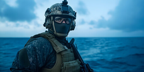 A U.S. Navy SEAL in full combat gear, standing in front of a dimly lit ocean, prepared for an underwater mission.


