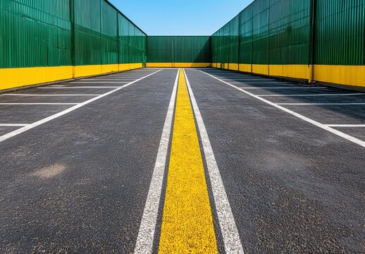 Empty Asphalt Parking Lot with Yellow Center Line and Green Walls