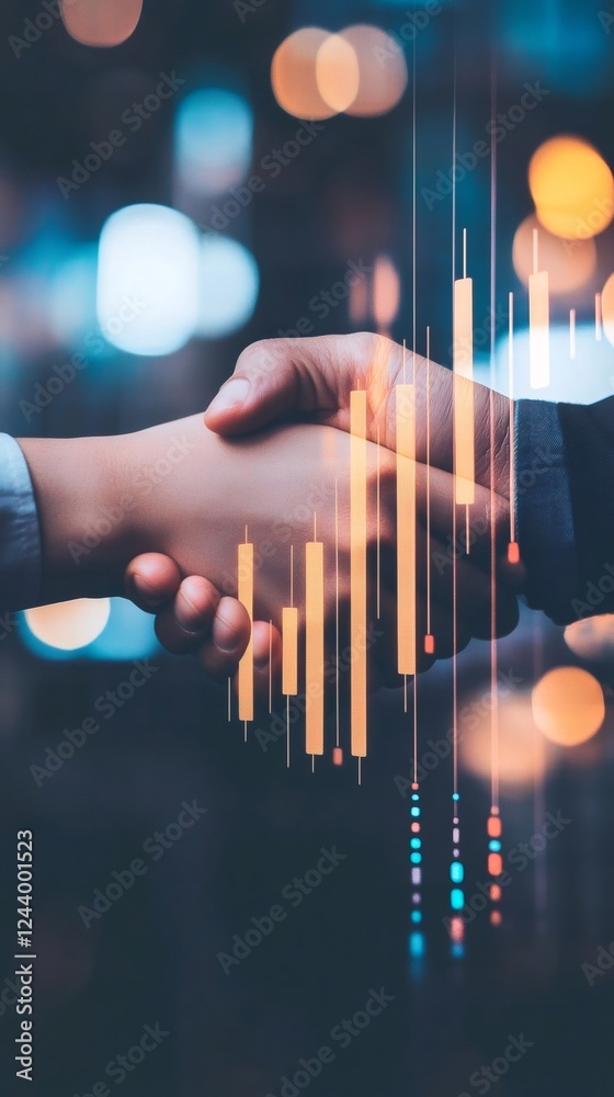Poster two businesspeople shaking hands with an increasing stock market candlestick graph and bokeh lights 