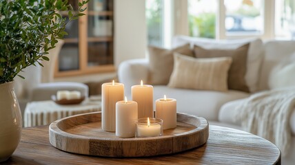 Rustic table adorned with candles and a wooden tray, creating a cozy atmosphere in a bright home.