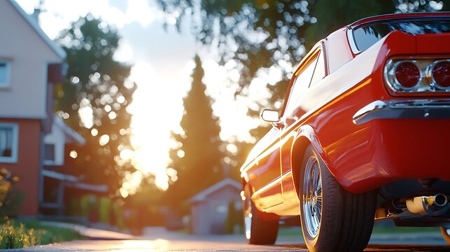 Red Classic Car at Sunset in Suburban Neighborhood