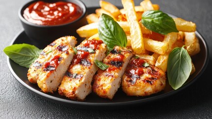Grilled chicken breast with french fries and tomato sauce on a dark plate