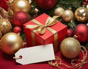 A beautifully wrapped red gift box surrounded by festive ornaments and greenery.