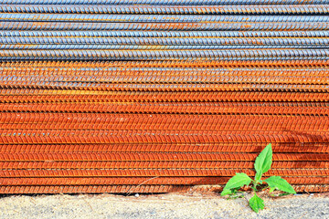 Steel bars for building structures were piled up in layers at the construction site until they rusted.