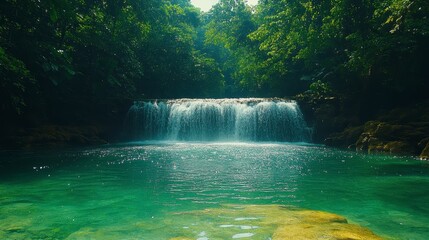Lush jungle waterfall cascading into tranquil pool
