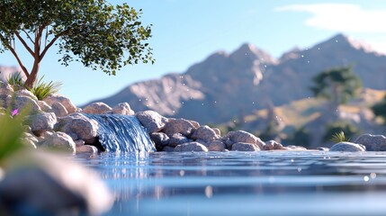 Fototapeta premium Serene Mountain Waterfall Landscape: A Digital Illustration of a Calm Waterfall Cascading Over Rocks into a Pool of Clear Water, With a Lush Green Tree and Distant Mountains Under a Bright Sunny Sky