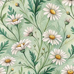 Seamless pattern, watercolor pattern with daisies on green background, floral print with white daisies, watercolor daisy flowers, decorative pattern with wildflowers, vintage style