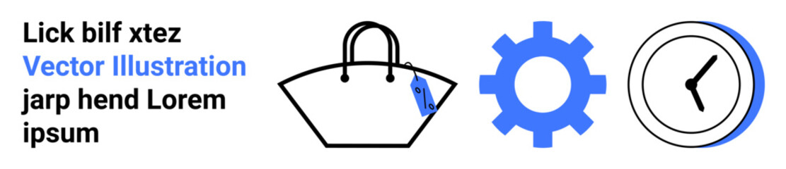 Shopping bag with a price tag, blue gear, and clock with black and blue accents. Ideal for e-commerce, retail, time tracking, technology, productivity, workflow flat landing page banner