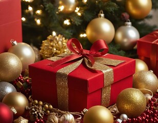 Festive red gift box adorned with gold ribbon amidst Christmas ornaments and decorations.