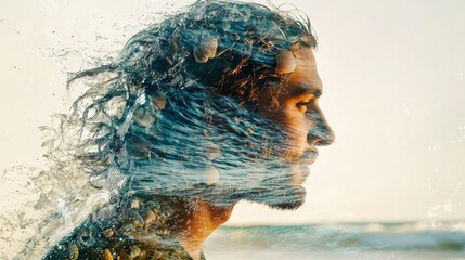 A side profile of a man with flowing water cascading around him, creating a dynamic blend of nature and human expression.