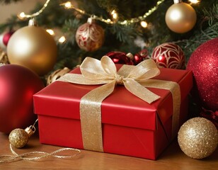 A beautifully wrapped red gift box adorned with a golden ribbon, surrounded by festive ornaments.