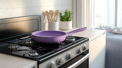 Modern gas oven with a purple frying pan on an easy bedroom setting