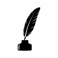 Quill and Ink Bottle Vector Silhouette.