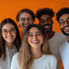 Fototapeta premium Celebrating unity and joy diverse group of friends smiling together in a vibrant indoor setting lifestyle photography warm atmosphere close-up view