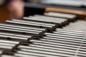 A close-up view of a metallophone keyboard fragment