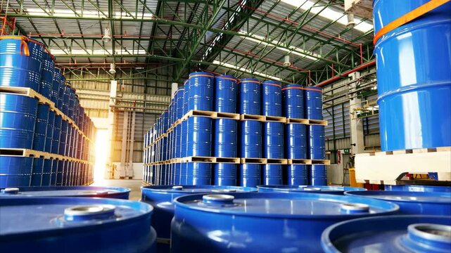 Large warehouse with chemical storage drums neatly arranged on wooden pallets, showcasing the organization and safety of hazardous material storage.