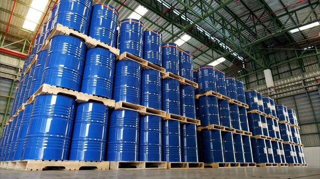Chemical storage drums arranged on wooden pallets inside a large warehouse. A concept of industrial storage and safe handling of hazardous materials.