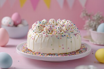 Traditional white Easter cake decorated with sprinkles and pastel eggs on a cheerful background. Generative AI