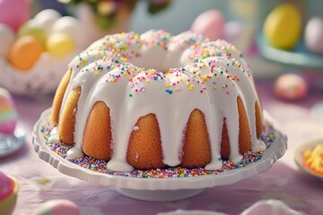 Delightful traditional Easter cake adorned with icing and colorful sprinkles for festive celebration. Generative AI