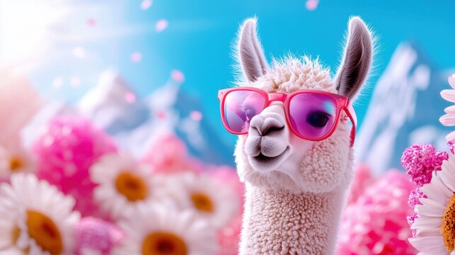 Smiling Alpaca Wearing Pink Sunglasses in a Flower Field with Mountain Background