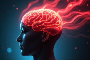Obraz premium An Artistic Representation of the Human Brain with Vibrant Energy Waves Emanating from a Silhouetted Profile, Symbolizing Intelligence and Creativity