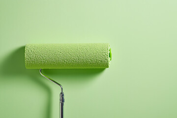 Fototapeta premium Lime Green Paint Roller: A paint roller saturated with fresh lime green paint rests against a matching backdrop, ready for a fresh coat. The image exudes a sense of renewal and vibrancy. 