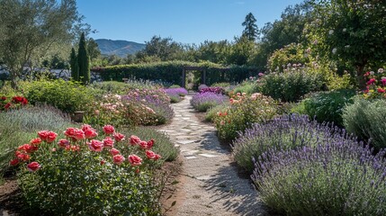 Fototapeta premium Scenic Rose Garden Path, Hillside View, Summer