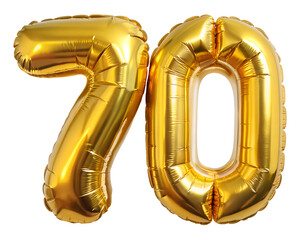 golden foil balloon for birthday party in the shape of number 70  on the white background