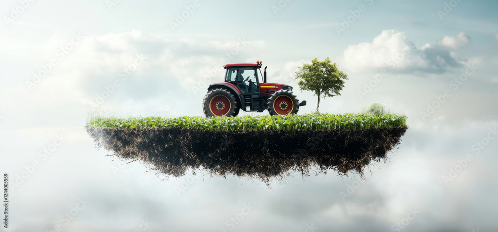 Aufkleber a tractor is actively working in a surreal setting where a lush green field hovers in the air, surro