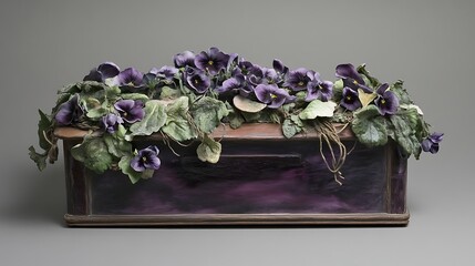 Model of a wash box with violets on an eggplant landscape