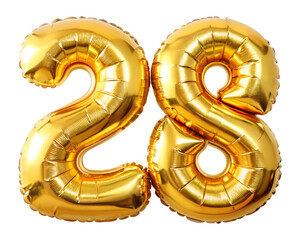 golden foil balloon for birthday party in the shape of number 28  on the white background