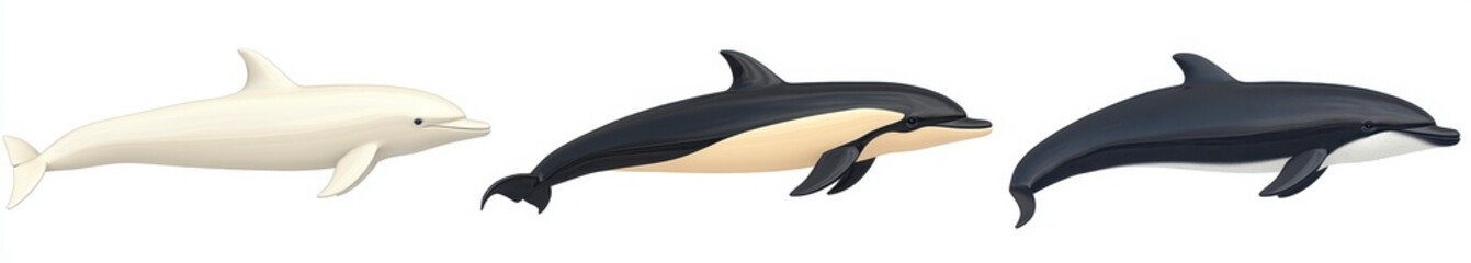 Obraz premium Three marine mammals of varying colors—white, gray, and black—swimming in a row against a white background. Digital illustration