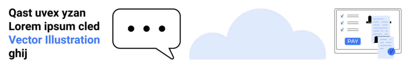 Speech bubble with ellipsis, cloud shape, and online payment interface. Ideal for digital communication, cloud computing, fintech, online services, messaging apps technology innovation. Abstract