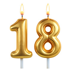 birthday gold candle in the shape of the numbers 18   for a festive cake on the white background