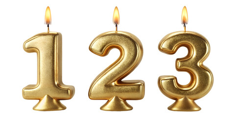birthday gold candle in the shape of the numbers 1,2,3  for a festive cake on the white background