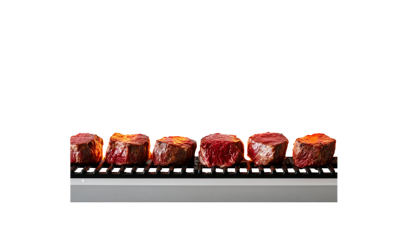 A series of steaks placed on a hot grill with flames licking the sides of the meat, creating a mouth-watering scene of sizzling food against a crisp white backdrop