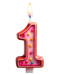 colorful 3d festive candle for birthday cake in the shape of the number  1 on the white background