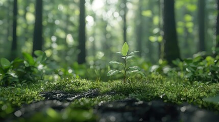 Sapling growing in mossy forest, sunlight