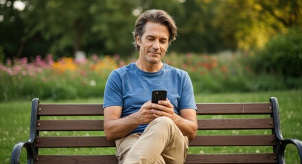 A middle-aged man relaxing in a city park playing with his smartphone