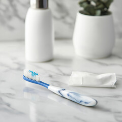 A close-up of a toothbrush and toothpaste on a countertop in a dental office, clean and minimalistic setup